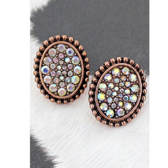 𝅺crystal Pave Coppertone Framed Oval Earrings, .75" - Picture 6 of 6